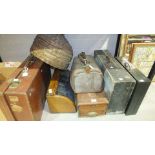 A leather suitcase, a leather Gladstone bag, a wooden cash till and other items.