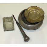 An Indian white metal bowl with leaf decorated border, 16cm diameter and other items.