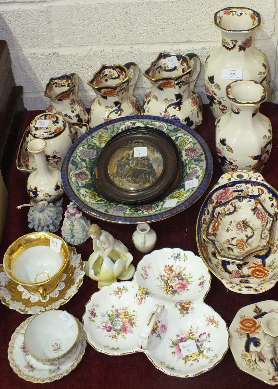 A small collection of Mason's Mandalay ceramics including a graduated set of three jugs, a chamber