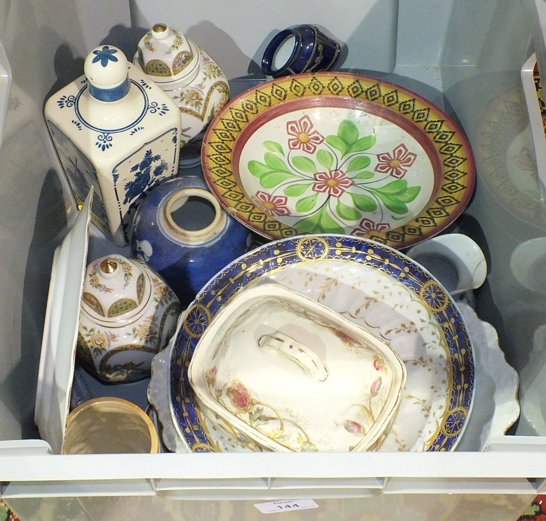 A pair of Falconware two-handled lidded vases decorated with Oriental figures and lanterns on a blue - Image 2 of 2