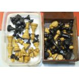 A turned wood chess set, king 7.5cm, (one black pawn replaced, another part chess set stamped