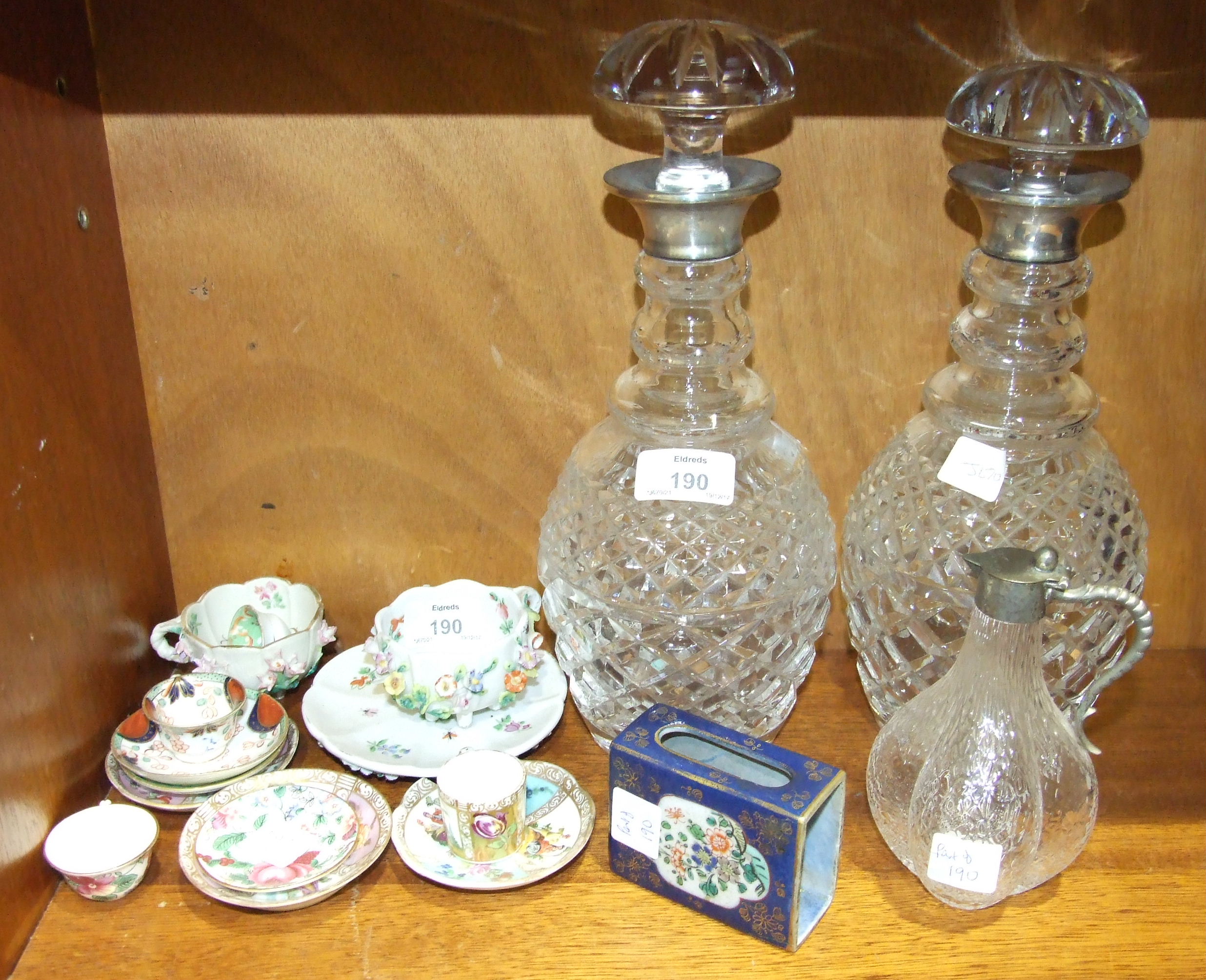 Two silver-mounted cut-glass decanters, (a/f), miniature cups, saucers and other Continental - Image 2 of 2