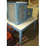 Two painted wood food safes and a painted pine kitchen table, 80 x 120cm (3).