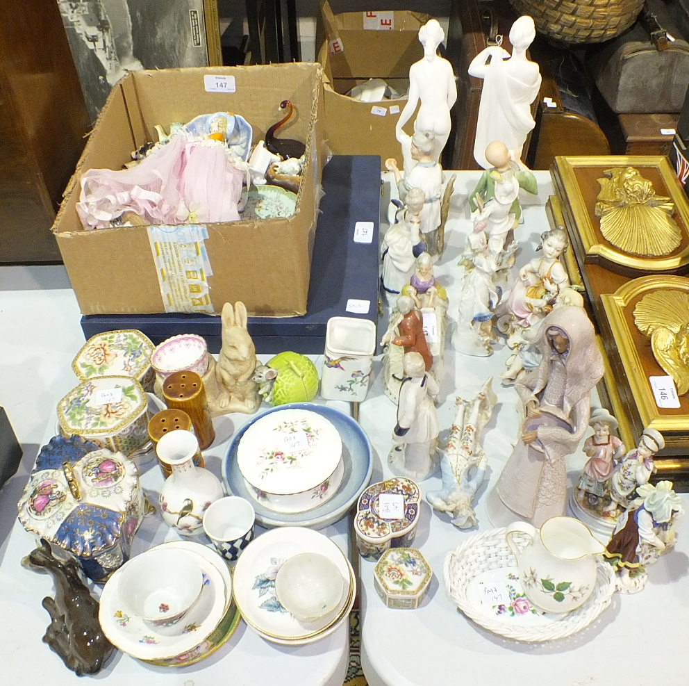 Various porcelain and ceramic figures, some af, a Spode Mayflower plate and other items.