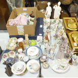 Various porcelain and ceramic figures, some af, a Spode Mayflower plate and other items.