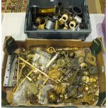 A set of three long case clock brass ball finials, spandrels, other clock furniture and a collection
