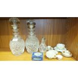 Two silver-mounted cut-glass decanters, (a/f), miniature cups, saucers and other Continental