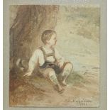 Jos Neugebauer, Young Boy Sitting Against a Tree Trunk, signed watercolour, dated 1880. 9 x 8.5cm