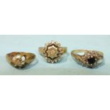 Three 9ct gold gem set rings, 4.5g.