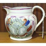 A Sunderland jug in pink lustre and black transfer decoration, having polychrome over painting