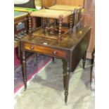 Two rush seated stools and a mahogany Pembroke table, (3).