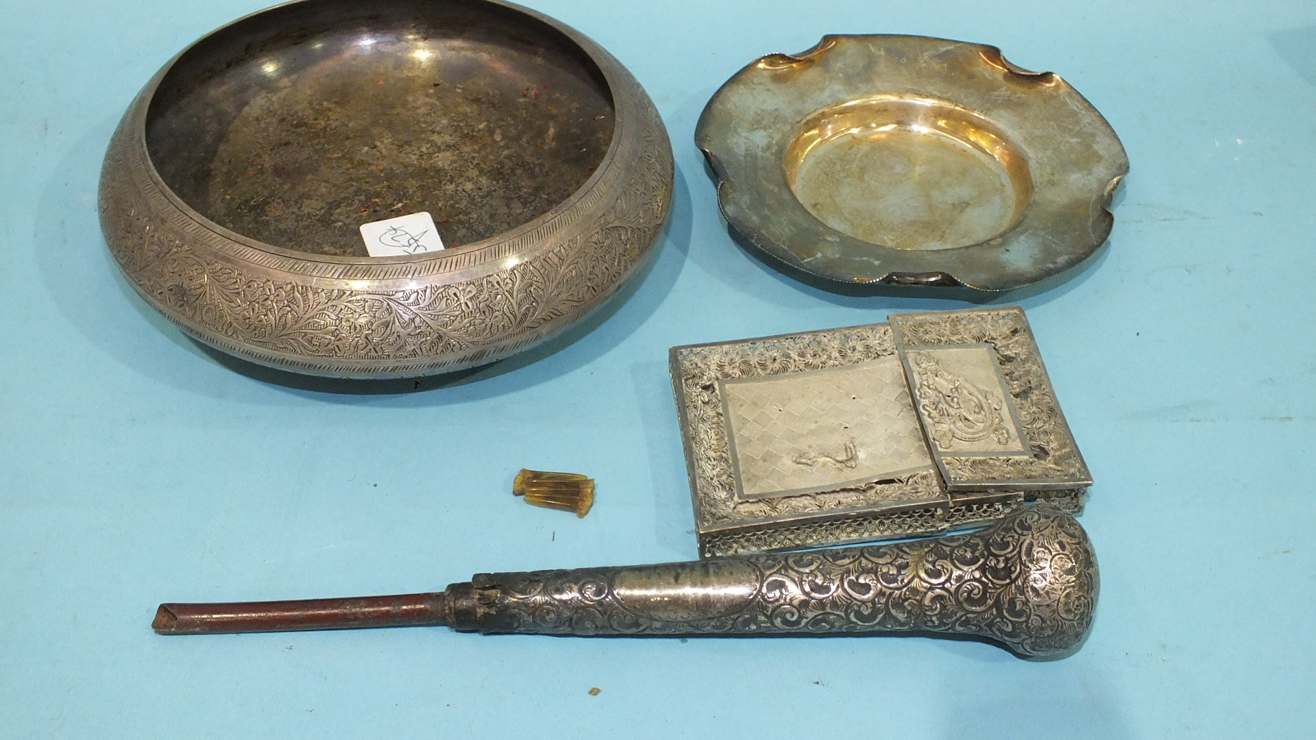 An Indian white metal bowl with leaf decorated border, 16cm diameter and other items. - Image 2 of 2