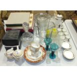 A collection of various teaware, other ceramics, a glass decanter and miscellaneous glassware, etc.