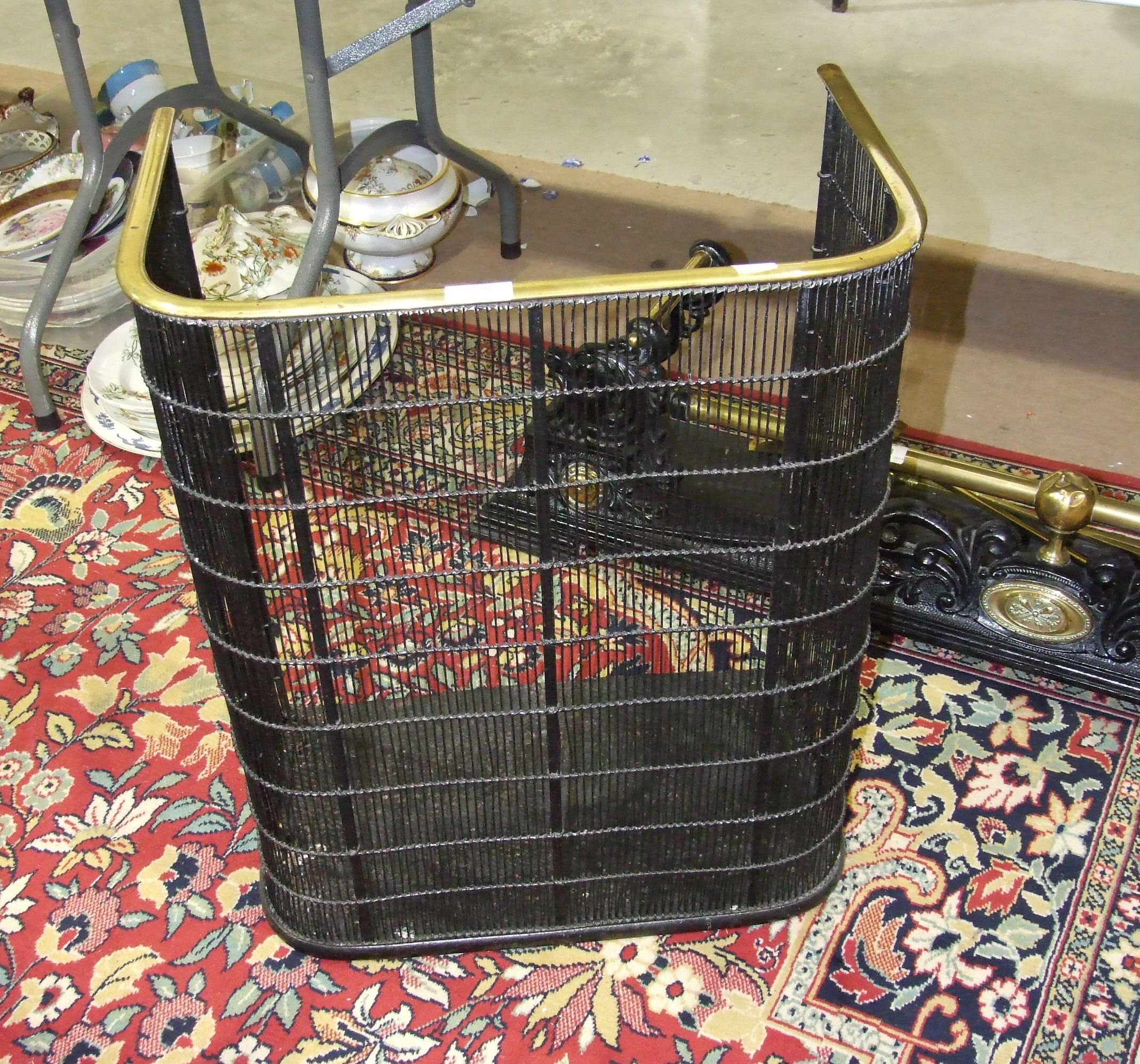 A brass and iron fire curb, 122cm, a brass rail spark guard, 50.5cm wide, 61cm high, a set of - Image 2 of 3