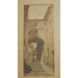 Luigi Allavera, 'Figures in a Mediterranean Street', a signed watercolour, 20.5 x 9cm and an