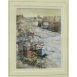 Peter Savage, 'Moored fishing boats', a signed watercolour, 23 x 18cm and another, 'Country house