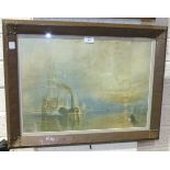 After J M W Turner, 'The Fighting Temeraire', a coloured print contained in a copper frame, 40 x