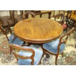 A Victorian mahogany circular breakfast table with moulded border, on turned column.