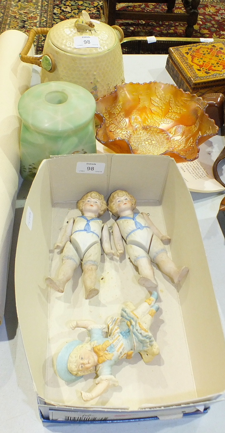 Two bisque ceramic jointed figures of children, a carnival glass dish and other items. - Image 2 of 2