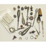 Three Continental white metal salts, a horn-handled toddy ladle, silver-handled manicure items,