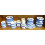 A Cornishware blue and white food jar and cover 'Sultanas', black shield mark for T G Green