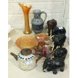 Four ebony elephants and one other, four pieces of carnival glassware and other items.