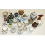 A Minton miniature ceramic three-handled tyg, 3cm high, a small German bisque-head doll, etc.