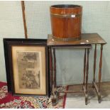 A 20th century brass-bound coopered planter, 35cm diameter, 34cm high, two framed prints and two