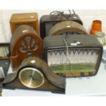 A Philips Type341A Bakelite mains radio, four reproduction radios and a mantel clock, (6).