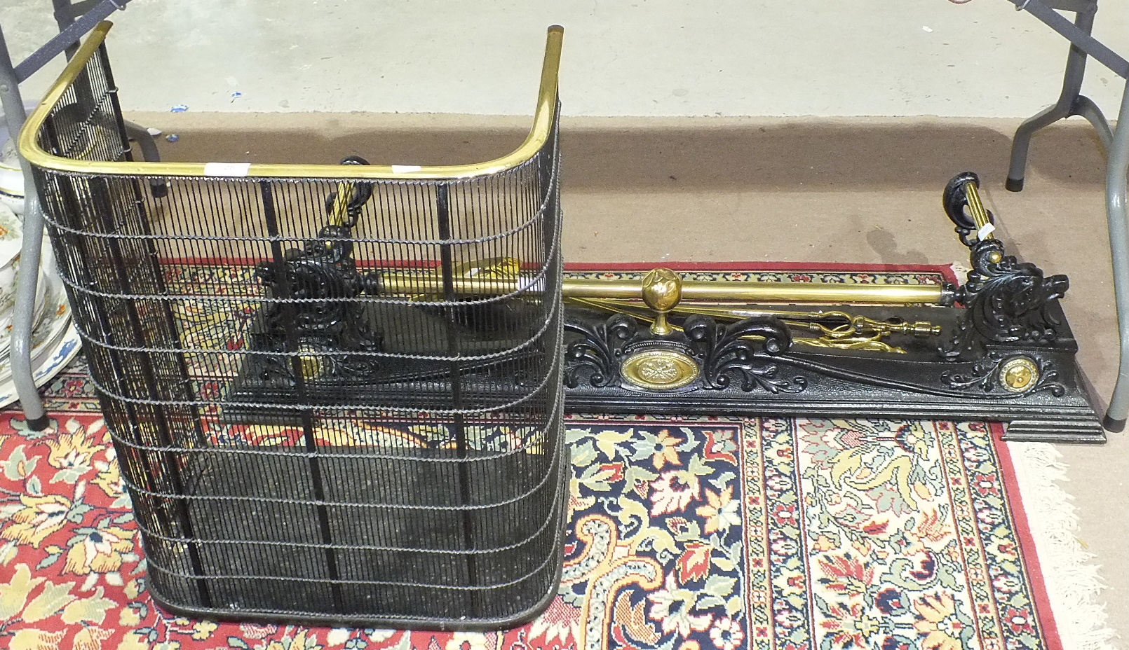 A brass and iron fire curb, 122cm, a brass rail spark guard, 50.5cm wide, 61cm high, a set of - Image 3 of 3