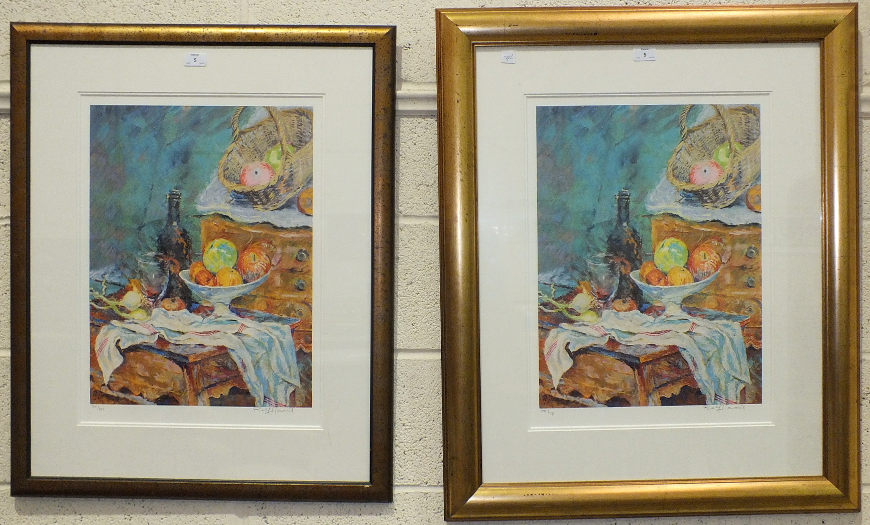 After Rolf Harris, 'Still Life (Homage to Cezanne)', two framed, signed, coloured prints, 55 x 41cm.