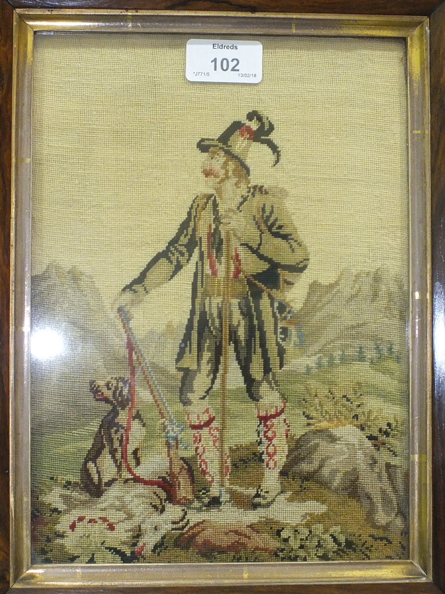 A 19th century needlework picture of a hunter, in a rosewood frame, 34 x 27cm, an 18th century