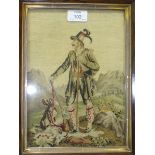 A 19th century needlework picture of a hunter, in a rosewood frame, 34 x 27cm, an 18th century