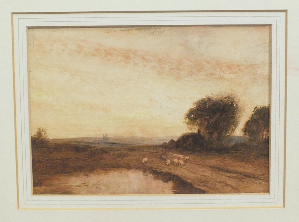 Style of Peter De Wint, 'Sheep grazing in a landscape', watercolour, 19 x 26cm, in mount, unframed.