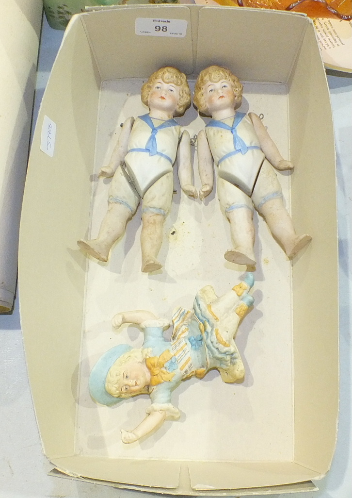 Two bisque ceramic jointed figures of children, a carnival glass dish and other items.