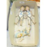 Two bisque ceramic jointed figures of children, a carnival glass dish and other items.