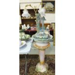 A ceramic jardinière with attached gilt metal two-light fitting with glass lamp shades and a