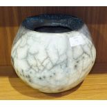 A studio pottery bulbous-shaped Raku-style vase, initials 'BL' inscribed on base, 24cm diameter,