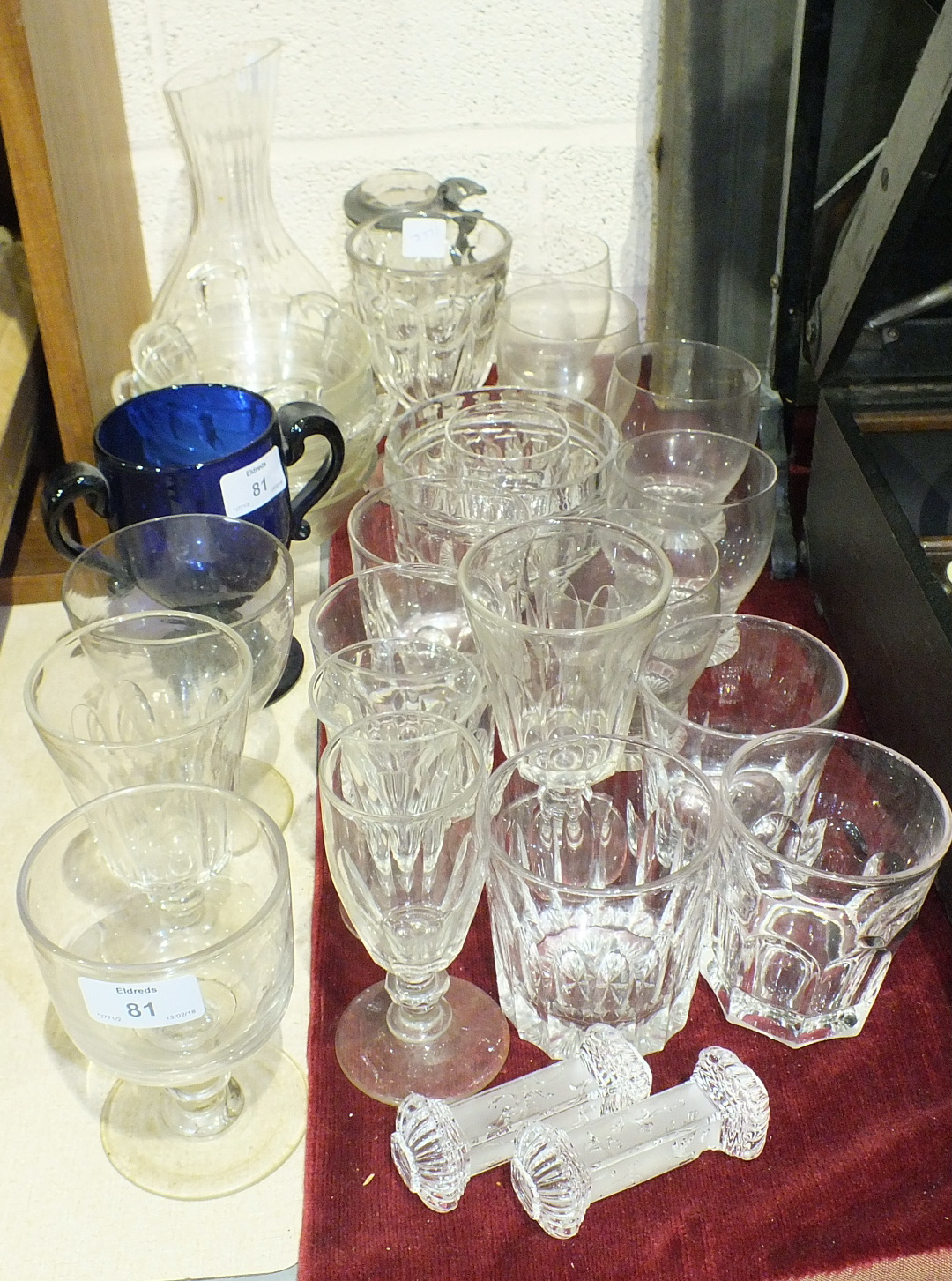 A glass rummer, other drinking glasses, a blue glass two-handled vase, 14cm high, sundae glasses and