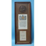 A WWI memorial plaque, scroll and Buckingham Palace letter to O H Cook 1cl.Thomas Corcoran, HMS