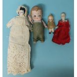 A small all-bisque jointed Kewpie-type doll, 11.5cm, another 6cm, an all-bisque dolls-house doll,