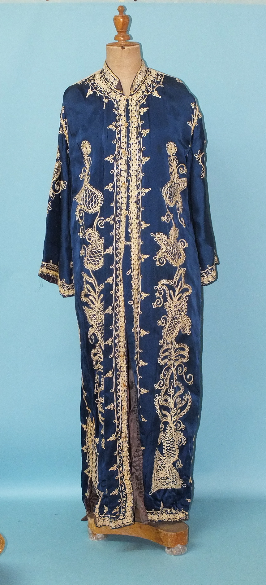 A deep blue satin coat, possibly Indian, with applied gold thread work, flared sleeves and side - Image 3 of 4