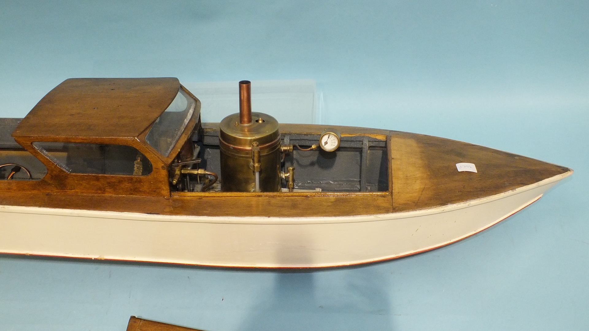 A scratch built live steam model of a boat, of wooden construction with brass boiler and funnel, - Image 2 of 3