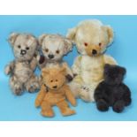 Merrythought, 'Cheeky' bear, no bells in ears, 32cm, two very worn Chad Valley 'Toffee' bears,