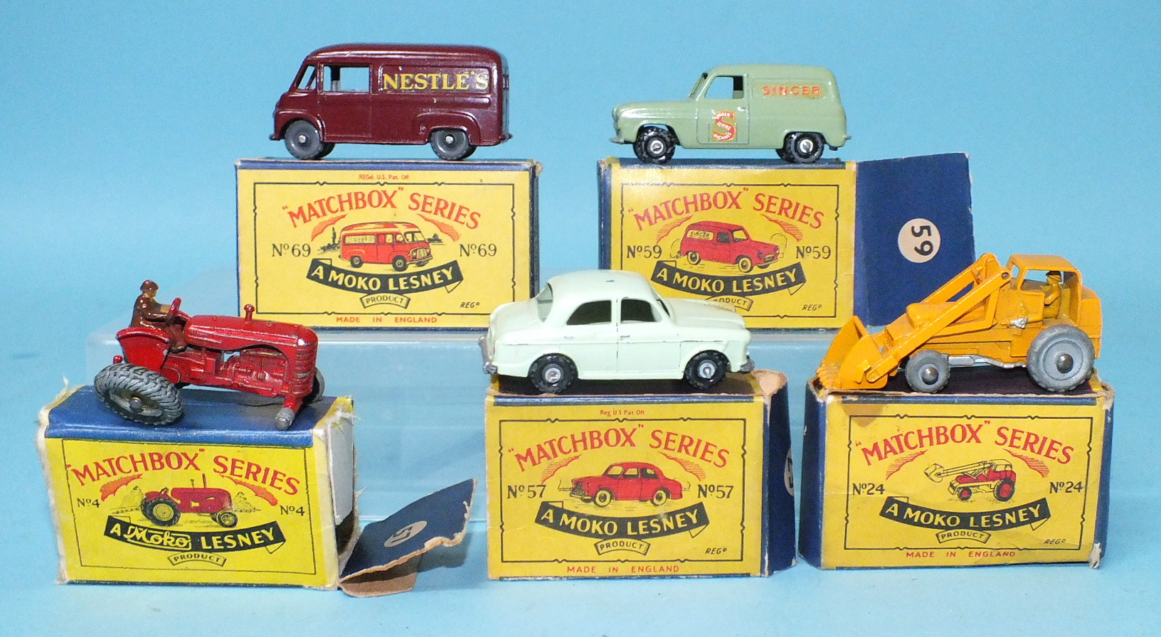 Five early Matchbox 75 Series vehicles: 4 Massey Harris Tractor, 24 Hydraulic Excavator, 57 Wolseley