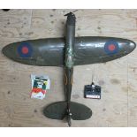 A radio controlled de Agostini wood framed Spitfire model with Code 4 controller, 144cm wing span.