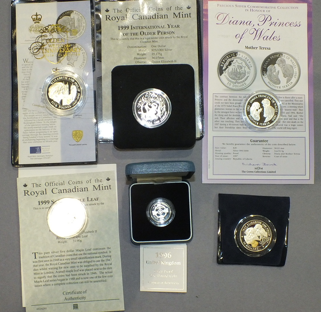 A collection of six silver proof coins, including: 1996 £1 coin, 1997 Guernsey 'Golden Wedding' £5