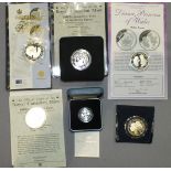 A collection of six silver proof coins, including: 1996 £1 coin, 1997 Guernsey 'Golden Wedding' £5