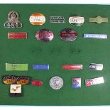 A small collection of vintage and later bus staff badges, including a chromed brass Halifax