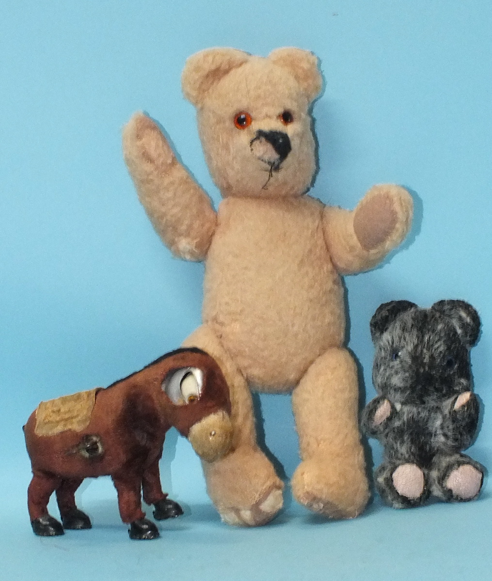 A c/w 'Winking Donkey' by Alps, Japan, (a/f) and two small teddy bears, (3).